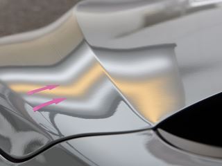 レクサスNX350アルミボンネットのデントリペア後・ライトの光での確認